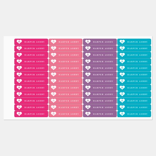 Hart Monogram Kleurrijk Waterdicht Naam Labels (Vel)