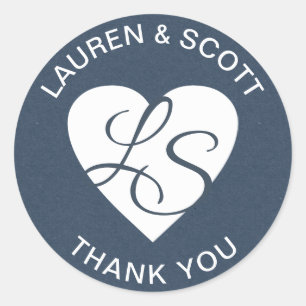 Hart Monogram Marine Blauw en Wit Ronde Sticker