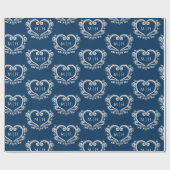 Hart monogram zilver op donkerblauwe bruiloft cadeaupapier (Vlak)