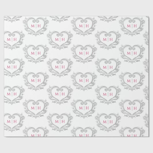 Hart monogram zilveren bessen rood wit bruiloft cadeaupapier (Vlak)