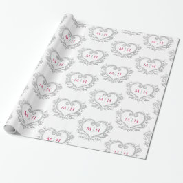 Hart monogram zilveren bessen rood wit bruiloft cadeaupapier
