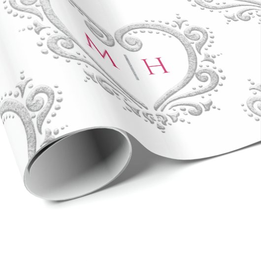 Hart monogram zilveren bessen rood wit bruiloft cadeaupapier (Rol Hoek)