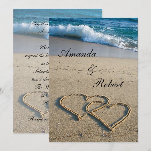 Hart op de Shore Beach bruiloft uitnodiging (Voorkant / Achterkant)