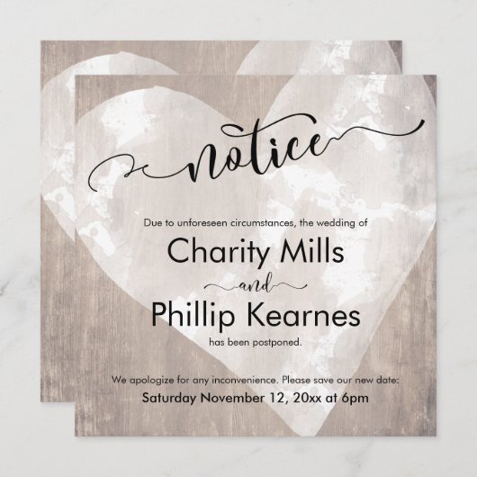 Hart op Hout Bericht Uitgestelde Bruiloft Kaart (Voorkant / Achterkant)