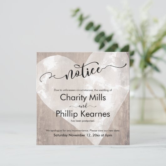 Hart op Hout Bericht Uitgestelde Bruiloft Kaart (Staand voorkant)