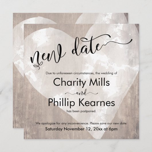 Hart op hout uitgestelde bruiloft nieuwe datum Kaa (Voorkant / Achterkant)