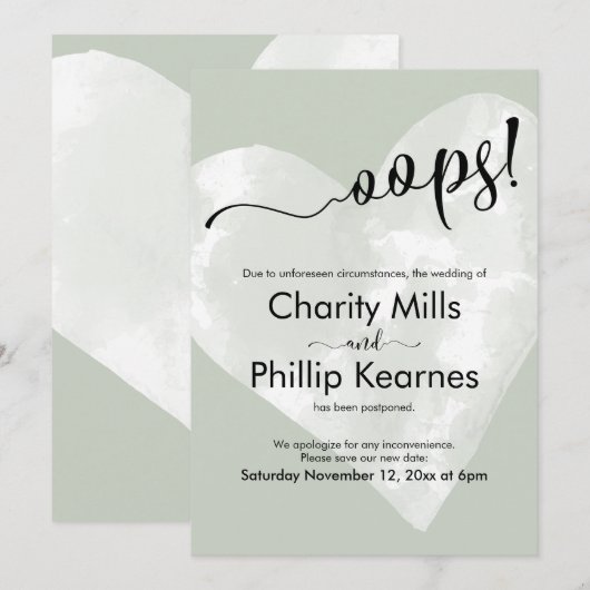 Hart op Sage Green Oops. Kaart uitgestelde weddens (Voorkant / Achterkant)
