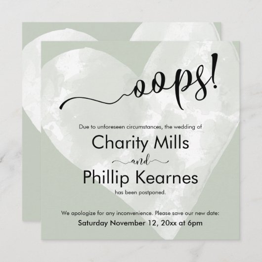 Hart op Sage Green Oops. Kaart uitgestelde weddens (Voorkant / Achterkant)