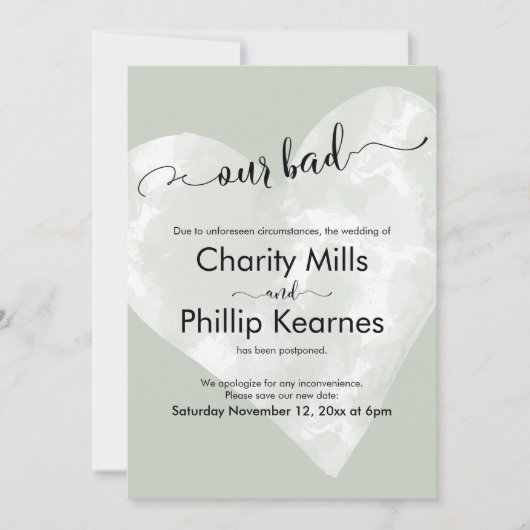 Hart op Sage Green Our Bad Postponed Wedding Kaart (Voorkant)