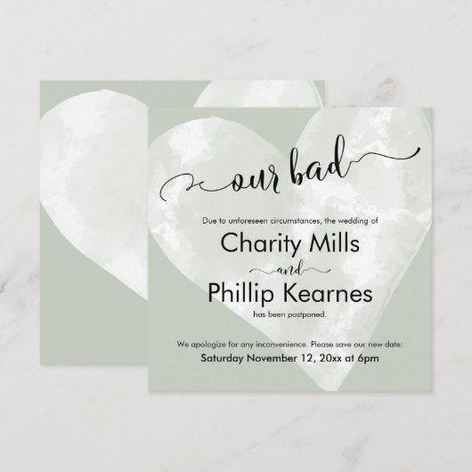 Hart op Sage Green Our Bad Postponed Wedding Kaart (Voorkant / Achterkant)
