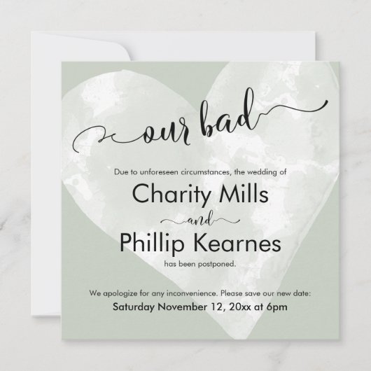 Hart op Sage Green Our Bad Postponed Wedding Kaart (Voorkant)