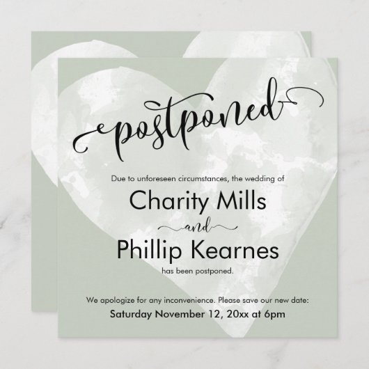 Hart op Sage Green Uitgestelde bruiloft aankondigi (Voorkant / Achterkant)