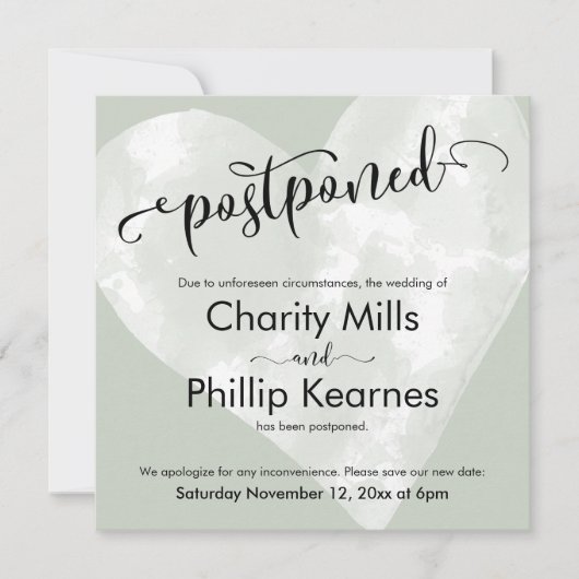 Hart op Sage Green Uitgestelde bruiloft aankondigi (Voorkant)