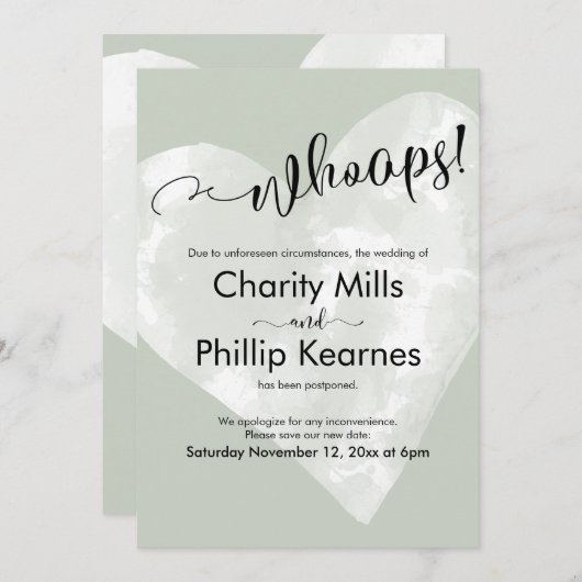 Hart op Sage Green Whoops! Kaart uitgestelde wedde (Voorkant / Achterkant)