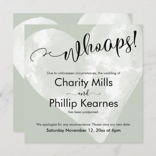 Hart op Sage Green Whoops! Kaart uitgestelde wedde (Voorkant / Achterkant)