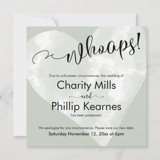 Hart op Sage Green Whoops! Kaart uitgestelde wedde (Voorkant)