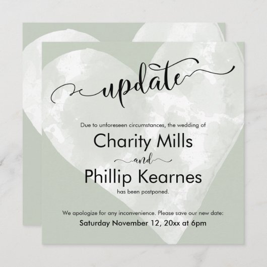 Hart op Sage Groene Update Uitgestelde Bruiloft Ka (Voorkant / Achterkant)