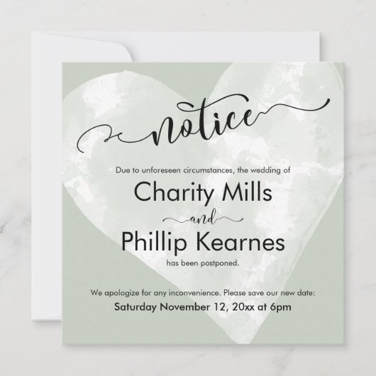 Hart op salie groene uitgestelde trouwkaart (Voorkant)