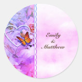 Hart Parels Roze Rozen Vlinders Bloemen Ronde Sticker (Voorkant)