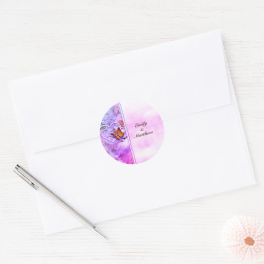 Hart Parels Roze Rozen Vlinders Bloemen Ronde Sticker (Envelop)