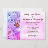 Hart Parels Roze Rozen & Vlinders Bruiloft Kaart (Voorkant)