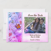 Hart parels, roze rozen, vlinders opslaan datum save the date (Voorkant)