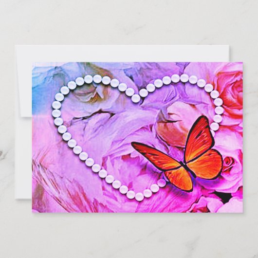 Hart parels, roze rozen, vlinders opslaan datum save the date (Achterkant)