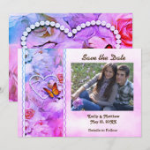 Hart parels, roze rozen, vlinders opslaan datum save the date (Voorkant / Achterkant)