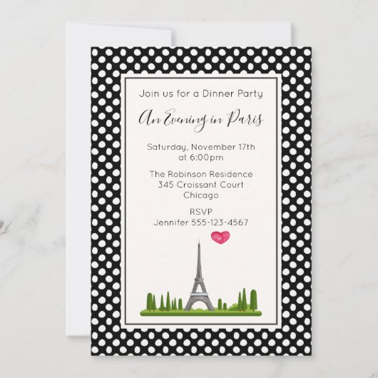 Hart Parijs met Eiffeltoren Diner Party Kaart (Voorkant)
