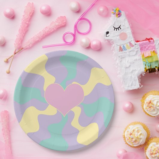 Hart - Pastel Roze, Geel, Paars en groen Papieren Bordje (Feest)