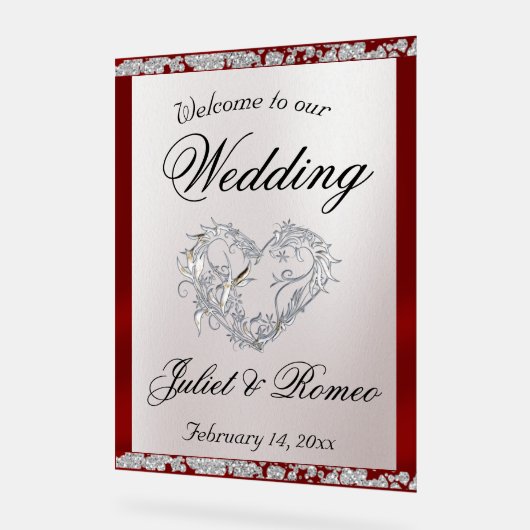 Hart, rood lint & Sparkle Welkom Acryl Bord (Hoek)