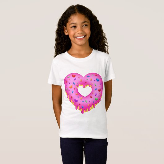 Hart Roze Donut met regenboogsprinken T-shirt (Voorkant volledig)