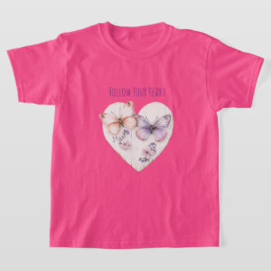 Hart Roze Paarse Vlinders & Bloemen T-shirt