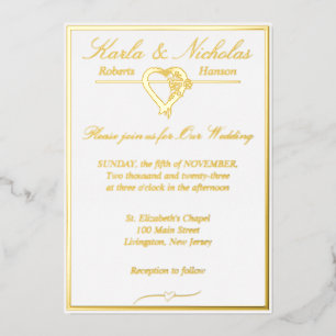 Hart & Rozen, Elegante Witte Bruiloft, Goud Vol Folie Uitnodiging