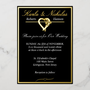 Hart & Rozen, Elegante Zwarte Bruiloft, Brede Rand Folie Uitnodiging