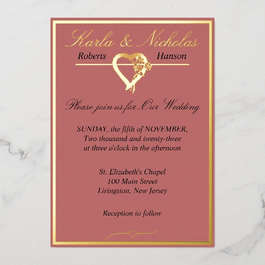 Hart & Rozen, Kaneelroze Bruiloft Folie Uitnodiging (Voorkant)
