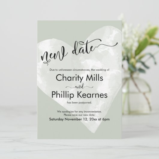 Hart Sage Groen Uitgesteld Bruiloft Nieuwe Datum K (Staand voorkant)
