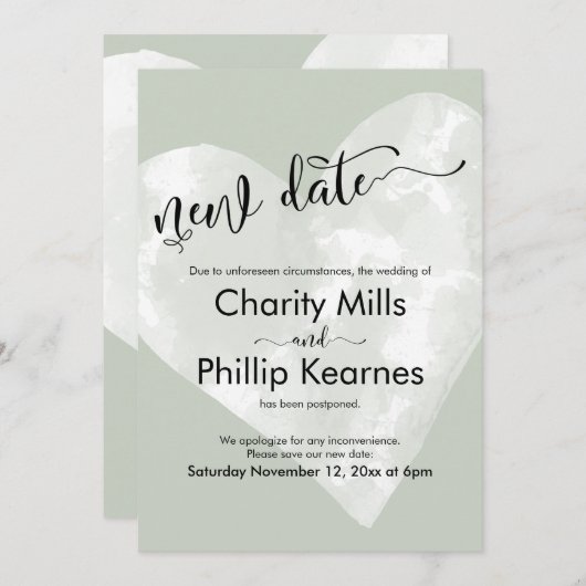Hart Sage Groen Uitgesteld Bruiloft Nieuwe Datum K (Voorkant / Achterkant)