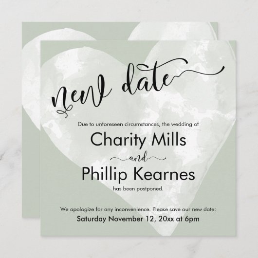 Hart Sage Groen Uitgesteld Bruiloft Nieuwe Datum K (Voorkant / Achterkant)