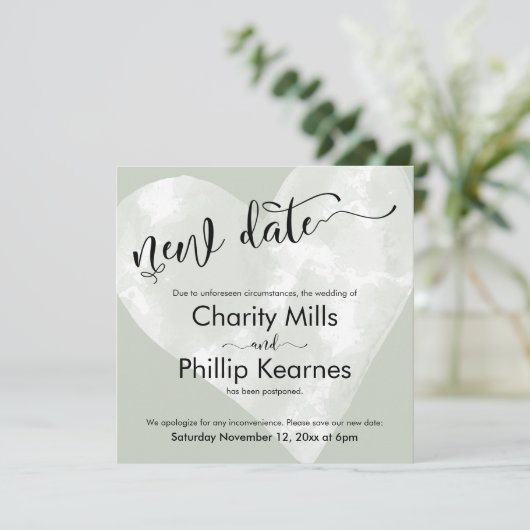 Hart Sage Groen Uitgesteld Bruiloft Nieuwe Datum K (Staand voorkant)