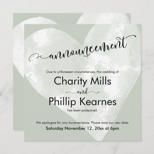 Hart Sage Groen Uitgestelde bruiloft Aankondiging (Voorkant / Achterkant)