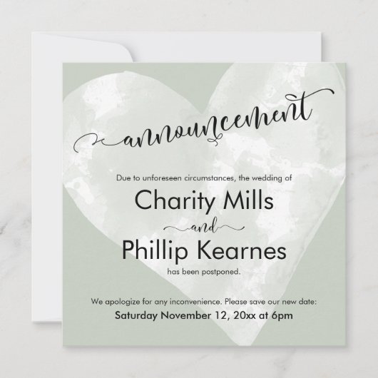 Hart Sage Groen Uitgestelde bruiloft Aankondiging (Voorkant)