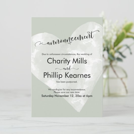 Hart Sage Groen Uitgestelde bruiloft Aankondiging (Staand voorkant)