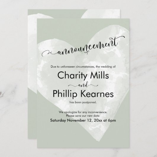 Hart Sage Groen Uitgestelde bruiloft Aankondiging (Voorkant / Achterkant)