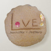 hart, schelpen, + Liefde op het strand aangepaste Rond Kussen (Achterkant)