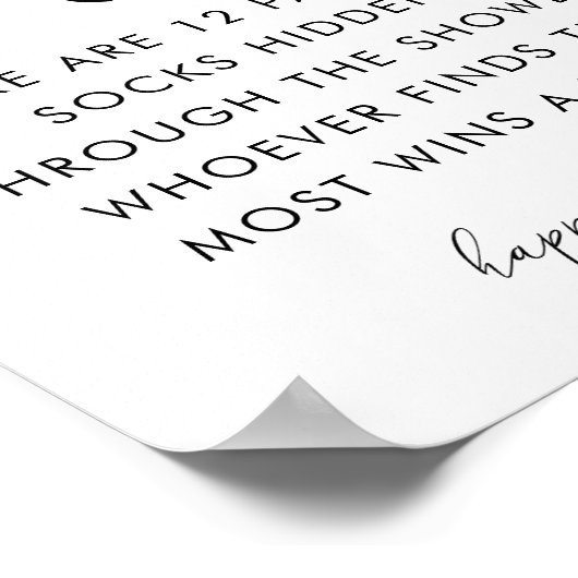 Hart Script Baby Sock Hunt Baby shower Game Sign Poster (Hoek)