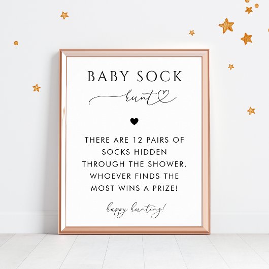 Hart Script Baby Sock Hunt Baby shower Game Sign Poster