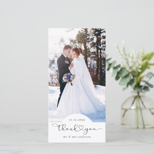 Hart Script Foto Bruiloft Bedankkaart (Staand voorkant)
