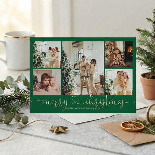 Hart Script Goud Groen Prettig Kerst 5 Foto Feestdagenkaart