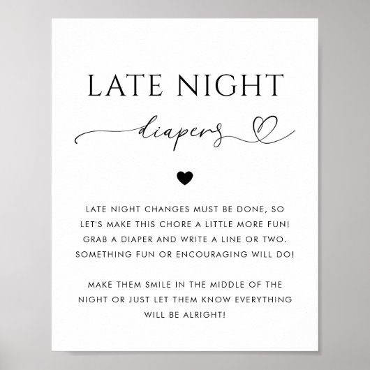 Hart Script Late Night Luiers Baby shower Teken Poster (Voorkant)